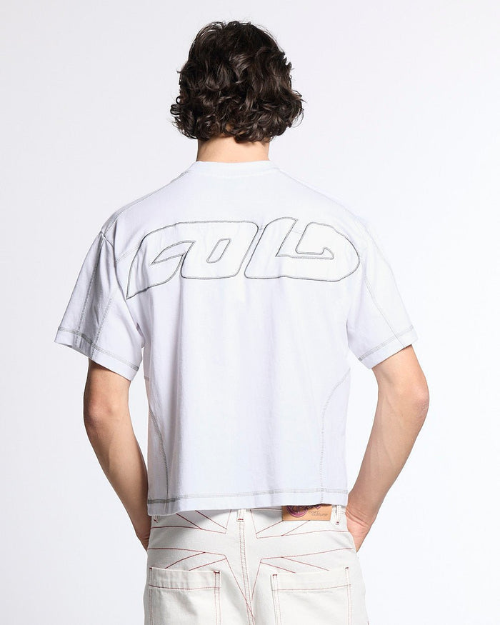 ROLLER TEE WHITE - white contrast stitch tee, back view on male model - Cold Culture