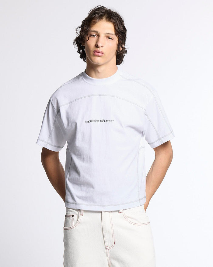 ROLLER TEE WHITE - white contrast stitch tee, front view on male model - Cold Culture