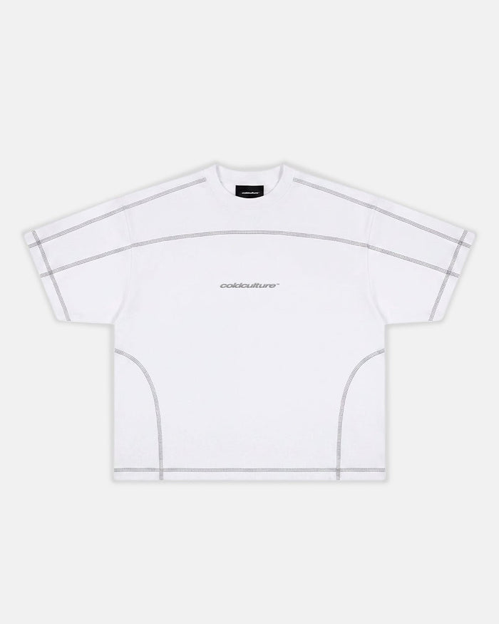 ROLLER TEE WHITE - white contrast stitch tee, front view - Cold Culture
