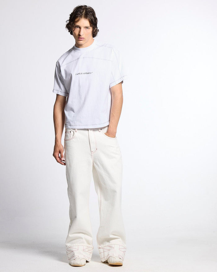 ROLLER TEE WHITE - white contrast stitch tee, front view on male model - Cold Culture