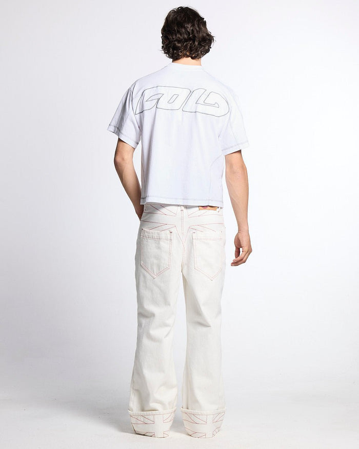 ROLLER TEE WHITE - white contrast stitch tee, back view on male model - Cold Culture