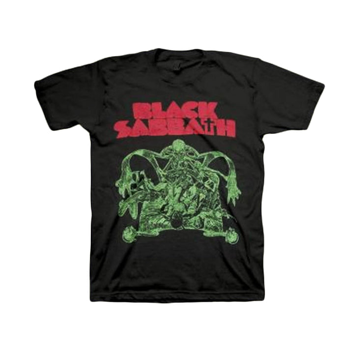 Black Sabbath T-shirt with bold red BLACK SABBATH lettering above a green, multi-limbed monster illustration.