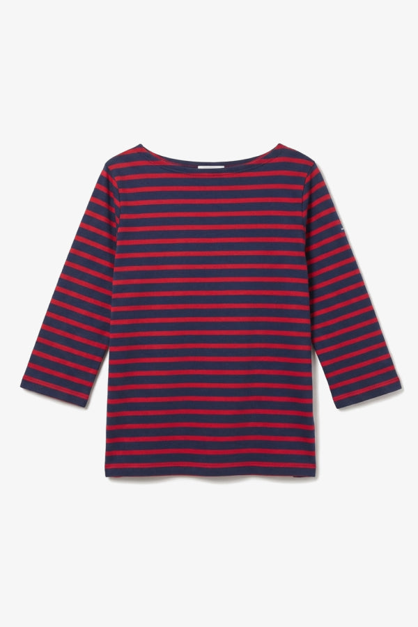Red and blue striped long-sleeve shirt on a white background. | Still | Exclude