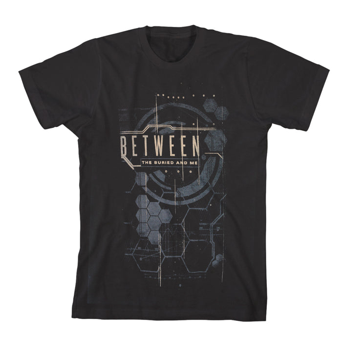 Black T-shirt by Between The Buried And Me featuring the band name in a futuristic font atop a geometric gray and white design with hexagons, circles, and technical grid lines.