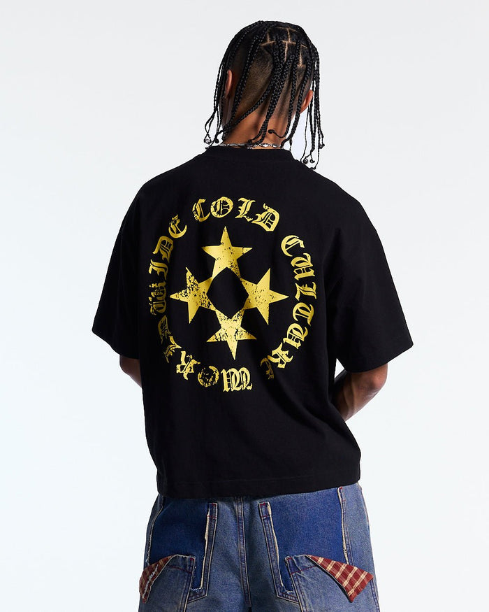 SCATTER TEE BLACK - black graphic print tee, back view on male model - Cold Culture