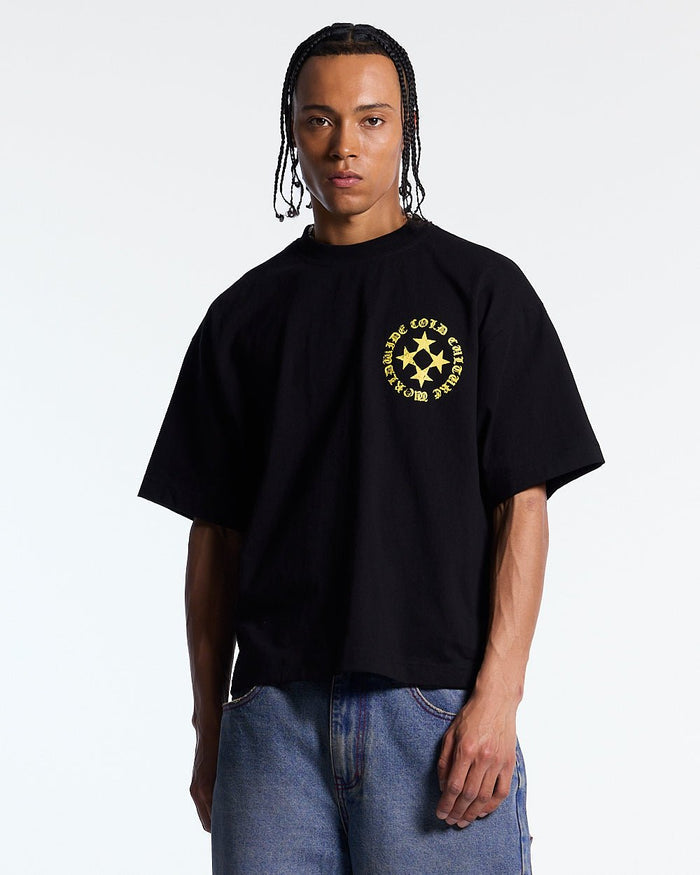 SCATTER TEE BLACK - black graphic print tee, front view on male model - Cold Culture