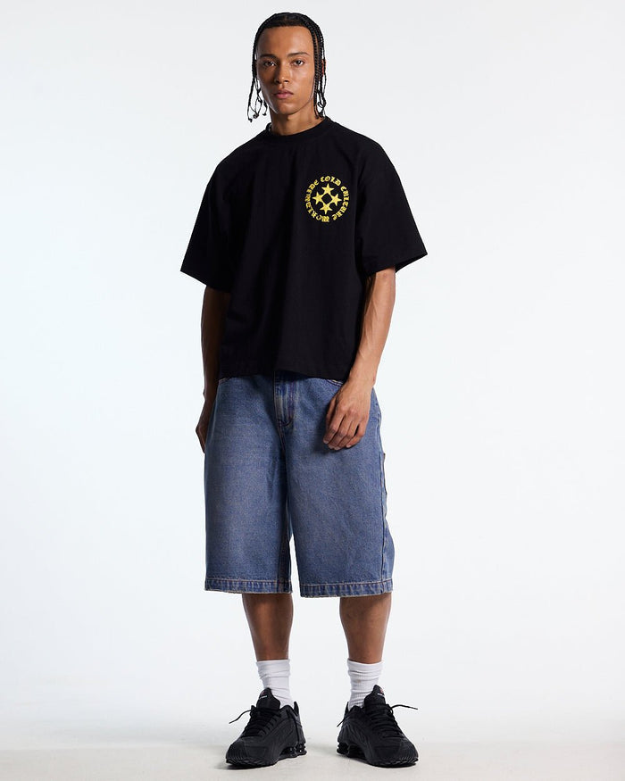 SCATTER TEE BLACK - black graphic print tee, front view on male model - Cold Culture
