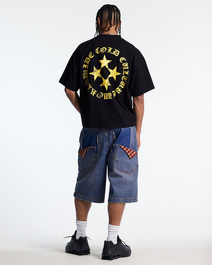 SCATTER TEE BLACK - black graphic print tee, back view on male model - Cold Culture