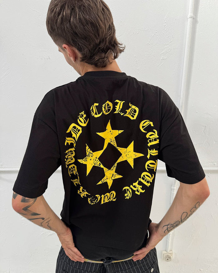 SCATTER TEE BLACK - black graphic print tee, back view on male model - Cold Culture