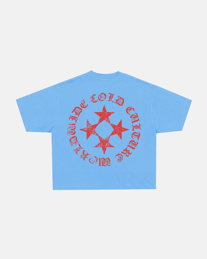 SCATTER TEE BLUE - blue graphic print tee, back view - Cold Culture