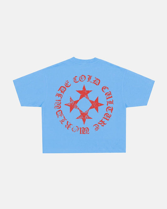 SCATTER TEE BLUE - blue graphic print tee, back view - Cold Culture