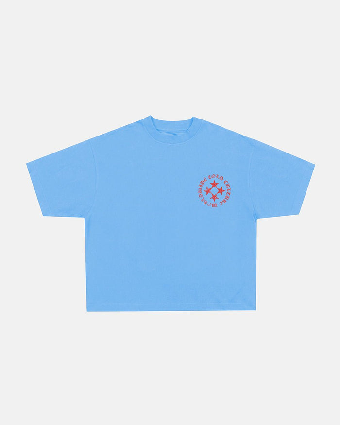 SCATTER TEE BLUE - blue graphic print tee, front view - Cold Culture