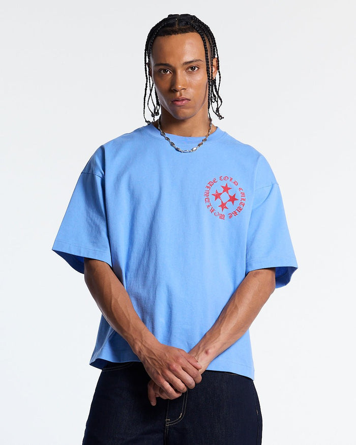 SCATTER TEE BLUE - blue graphic print tee, front view on male model - Cold Culture