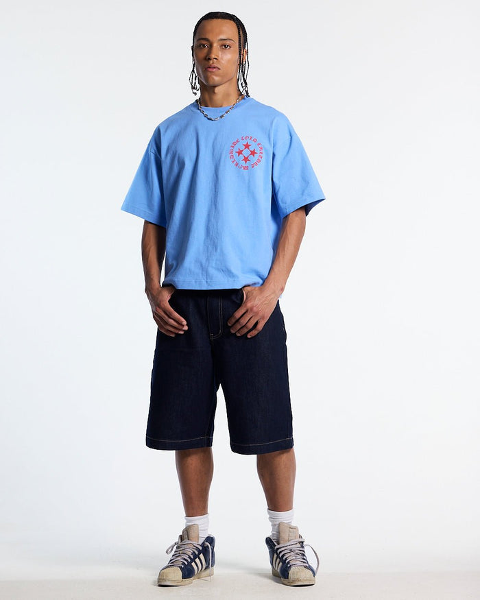 SCATTER TEE BLUE - blue graphic print tee, front view on male model - Cold Culture