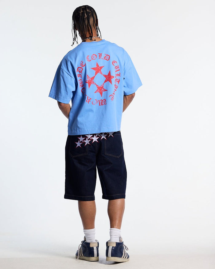 SCATTER TEE BLUE - blue graphic print tee, back view on male model - Cold Culture