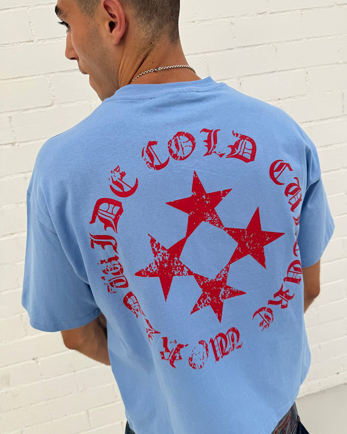 SCATTER TEE BLUE - blue graphic print tee, on model close-up - Cold Culture