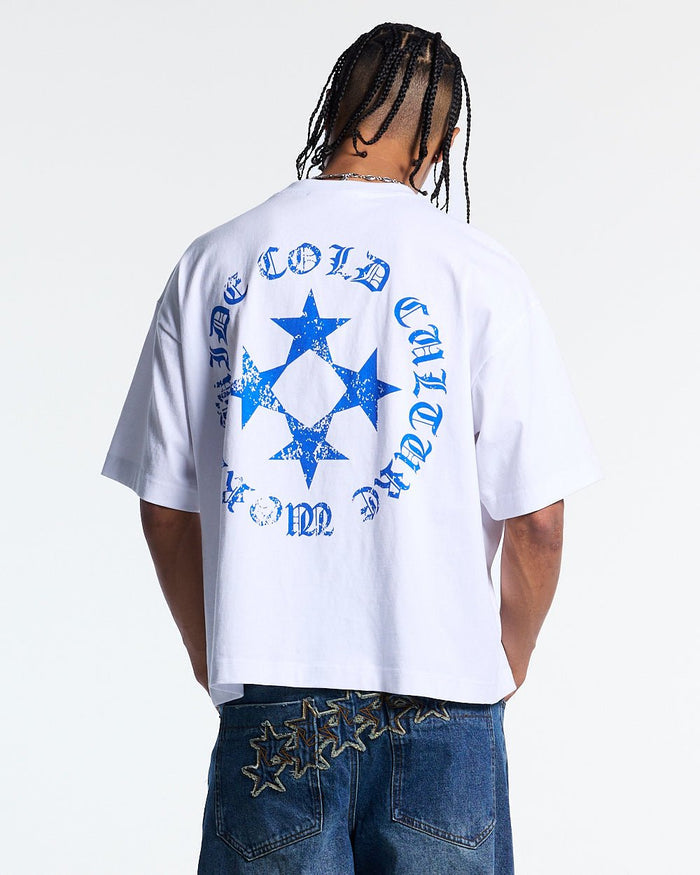 SCATTER TEE WHITE - white graphic print tee, back view on male model - Cold Culture