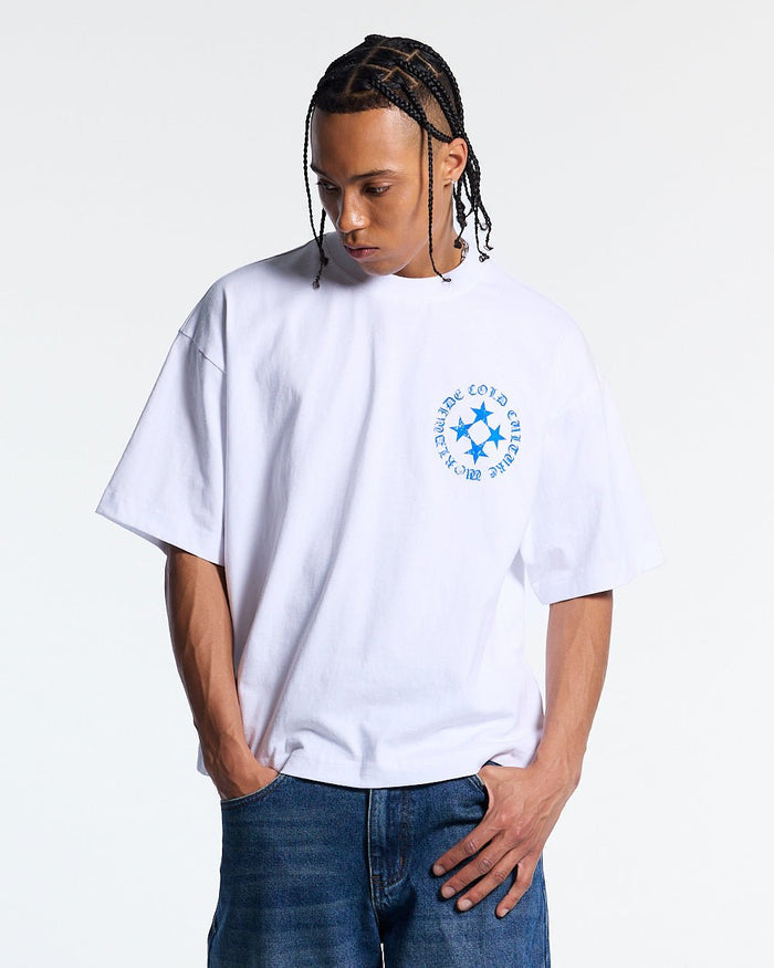SCATTER TEE WHITE - white graphic print tee, front view on male model - Cold Culture