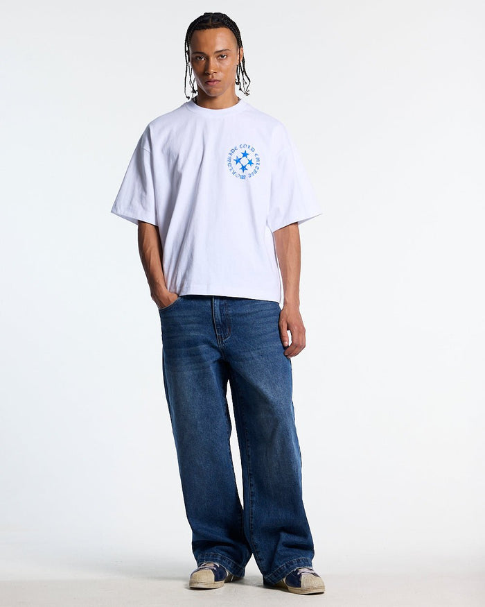 SCATTER TEE WHITE - white graphic print tee, front view on male model - Cold Culture