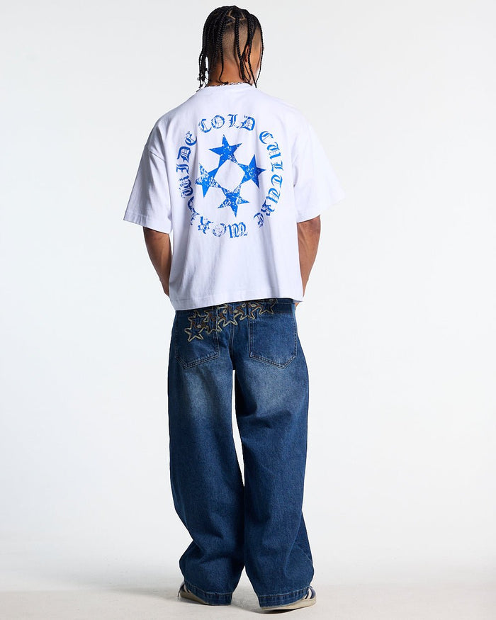 SCATTER TEE WHITE - white graphic print tee, back view on male model - Cold Culture