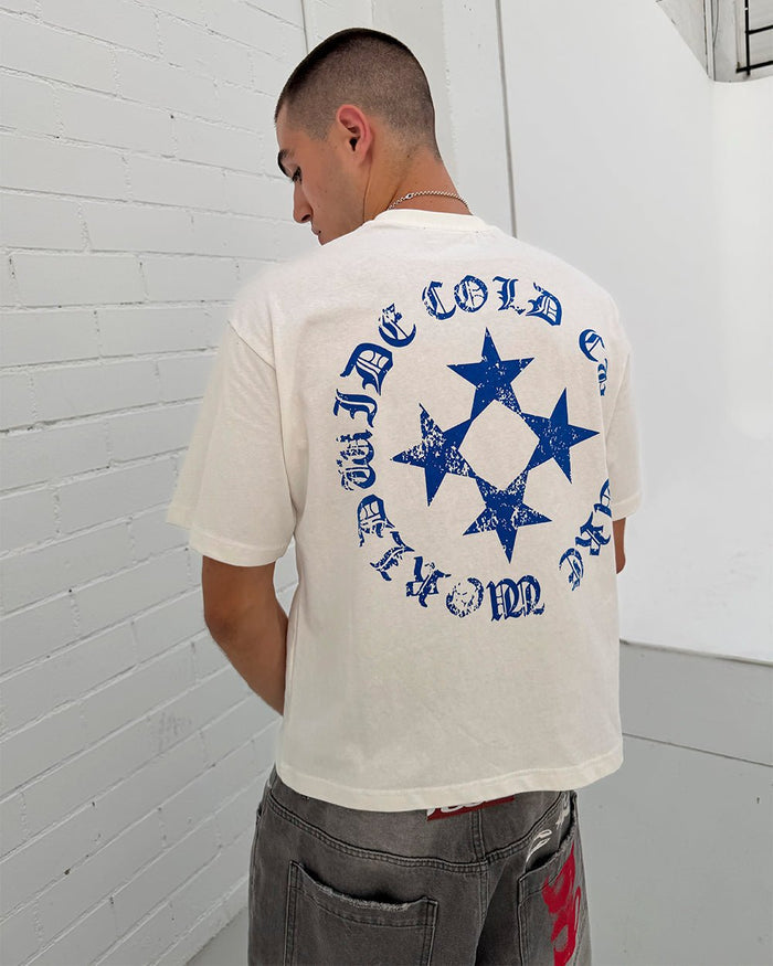 SCATTER TEE WHITE - white graphic print tee, back view on male model - Cold Culture