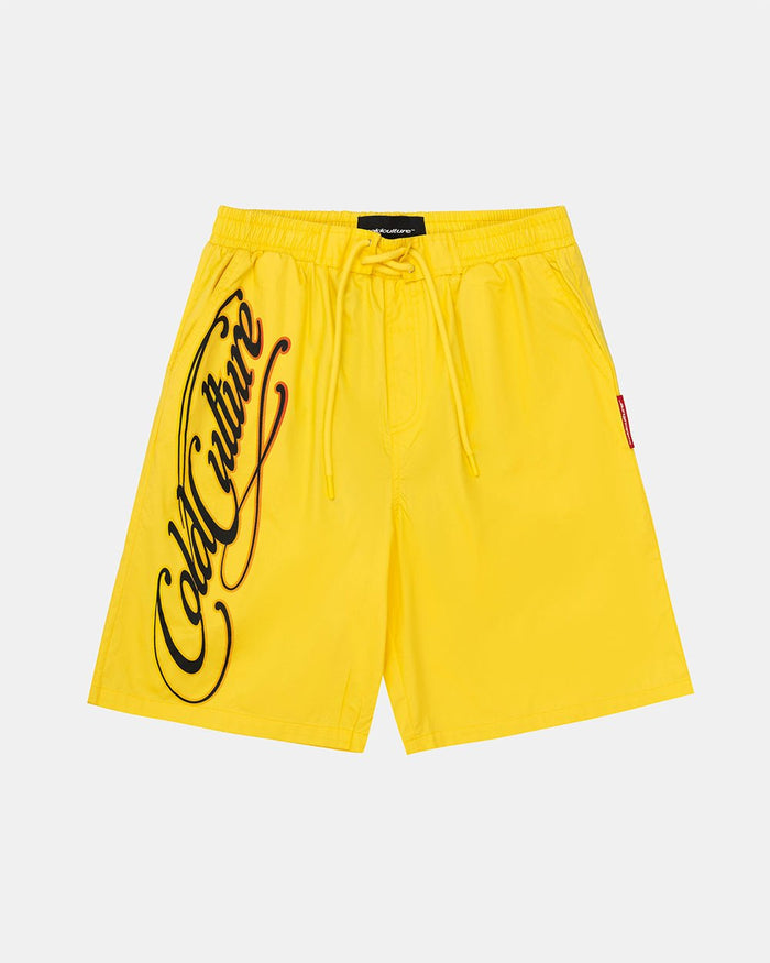 SCRIPT SWIMSHORTS YELLOW - yellow script print swim shorts, front view - Cold Culture