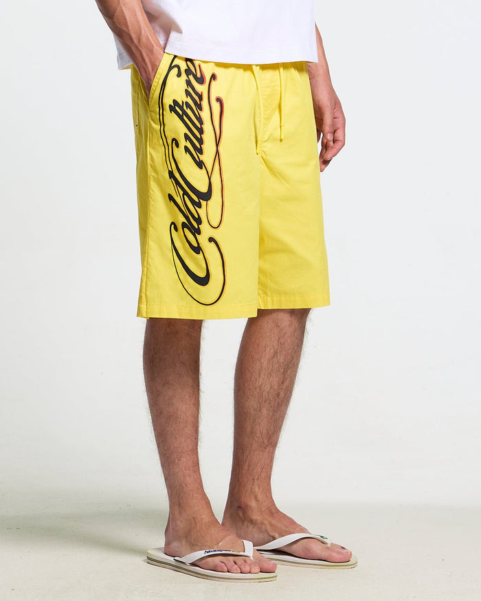 SCRIPT SWIMSHORTS YELLOW - yellow script print swim shorts, worn detail - Cold Culture
