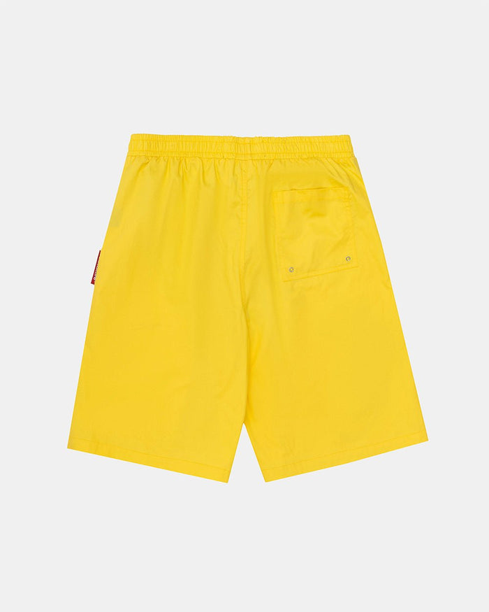 SCRIPT SWIMSHORTS YELLOW - yellow script print swim shorts, back view - Cold Culture
