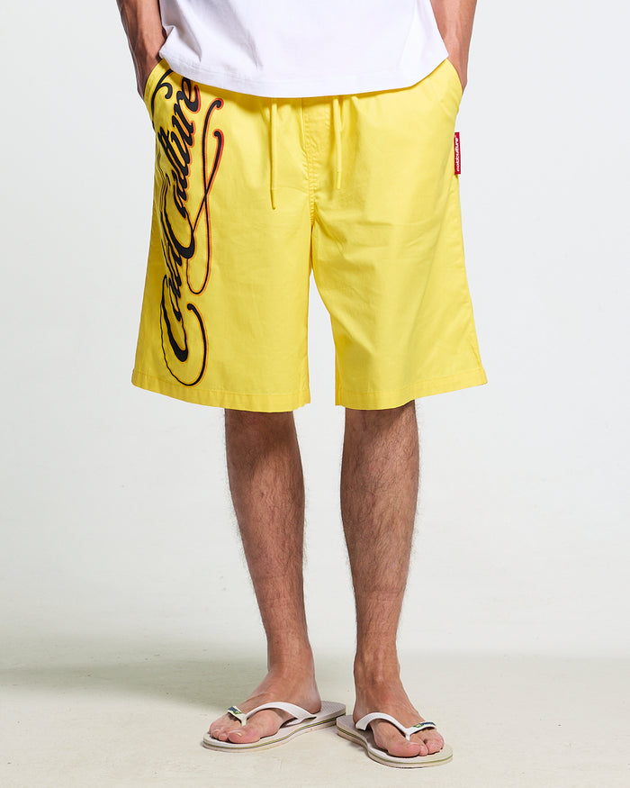 SCRIPT SWIMSHORTS YELLOW - yellow script print swim shorts, worn detail - Cold Culture