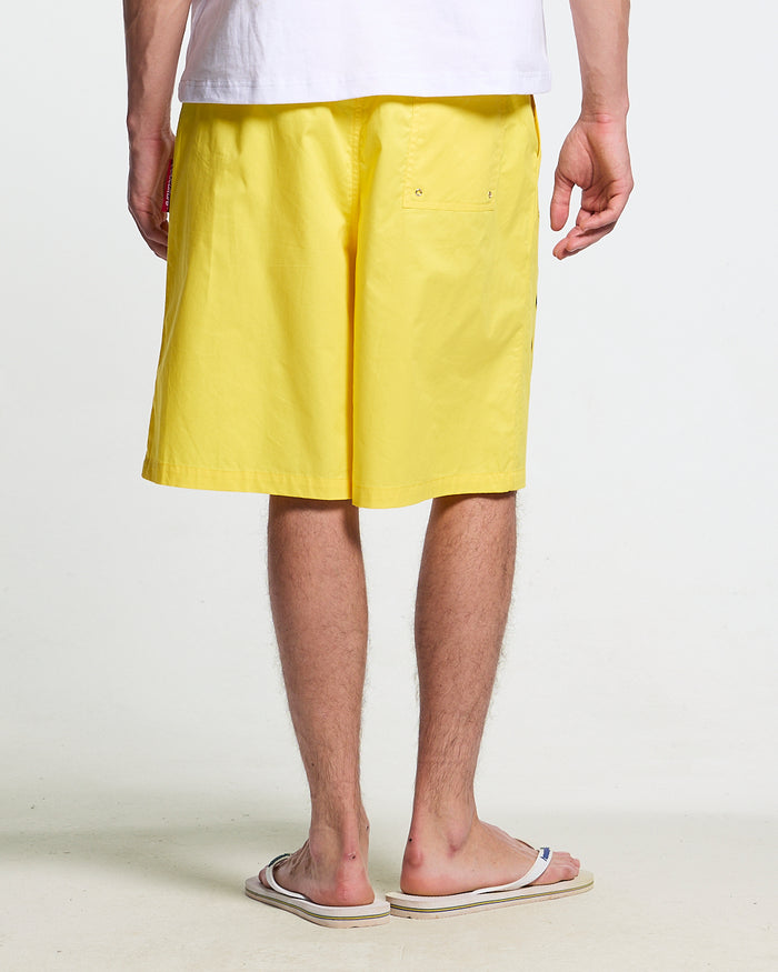 SCRIPT SWIMSHORTS YELLOW - yellow script print swim shorts, worn detail - Cold Culture