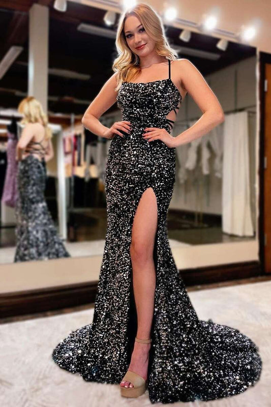 Sequin Lace-Up Back Mermaid Long Prom Gown with Slit.