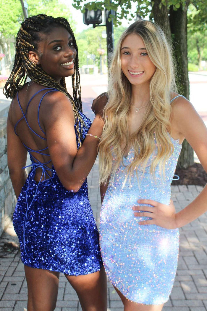 Sequin Spaghetti Straps Lace-Up Bodycon Homecoming Dress