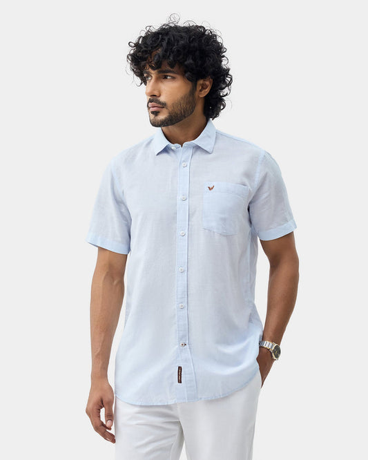 Sky Blue Half Sleeve Linen Solid Shirt - Cleo