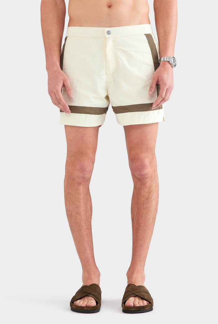Snaplock Panelled Border Swim Short - Cream/Olive