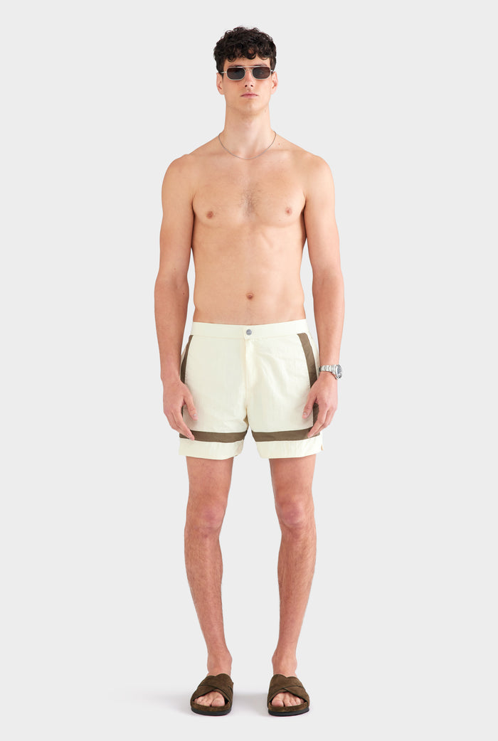 Snaplock Panelled Border Swim Short - Cream/Olive