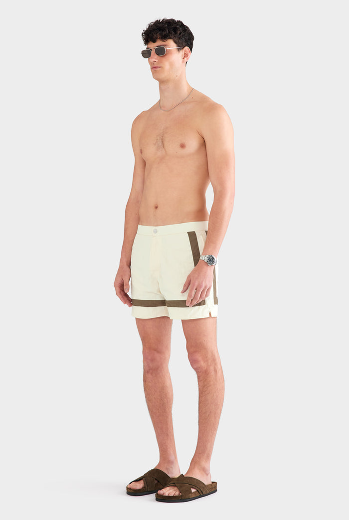 Snaplock Panelled Border Swim Short - Cream/Olive