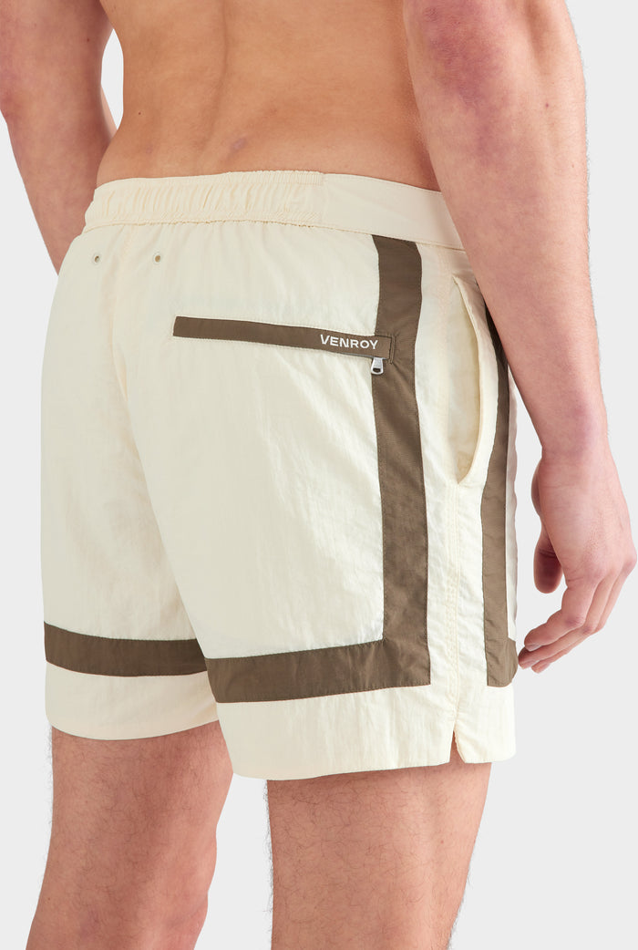 Snaplock Panelled Border Swim Short - Cream/Olive