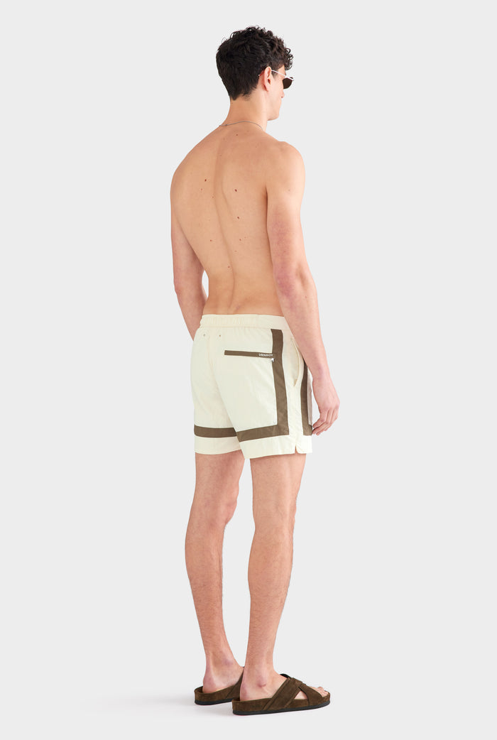 Snaplock Panelled Border Swim Short - Cream/Olive