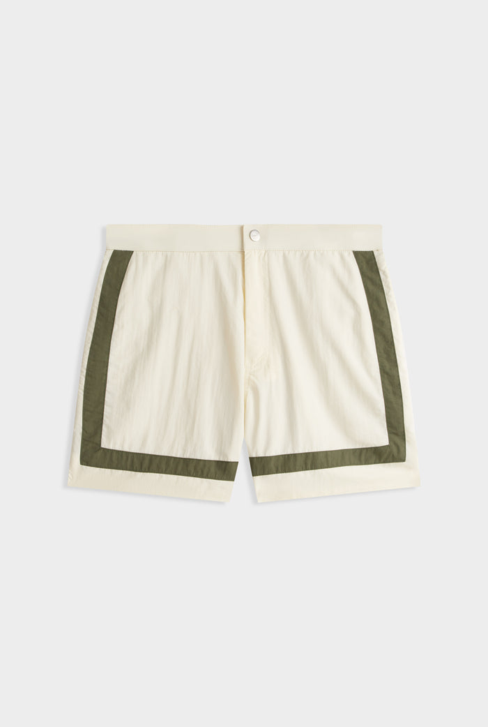 Snaplock Panelled Border Swim Short - Cream/Olive