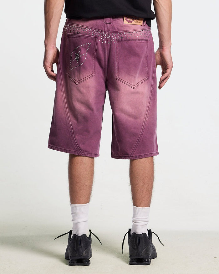 SPARK SHORTS BURGUNDY - washed burgundy denim shorts, back view on male model - Cold Culture