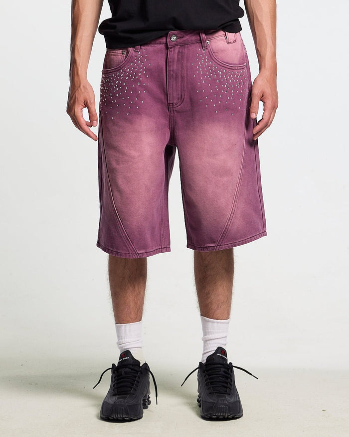 SPARK SHORTS BURGUNDY - washed burgundy denim shorts, front view on male model - Cold Culture