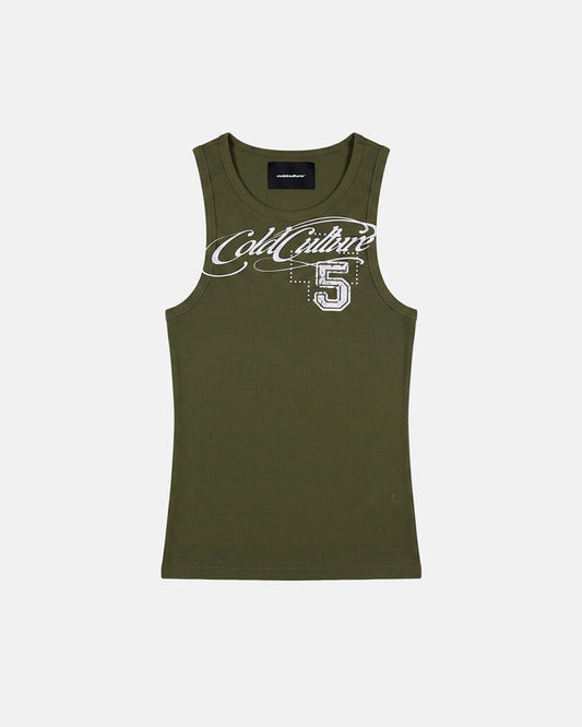 SPEED WAFFLE TANK TOP GREEN - olive green graphic tank top, front view - Cold Culture