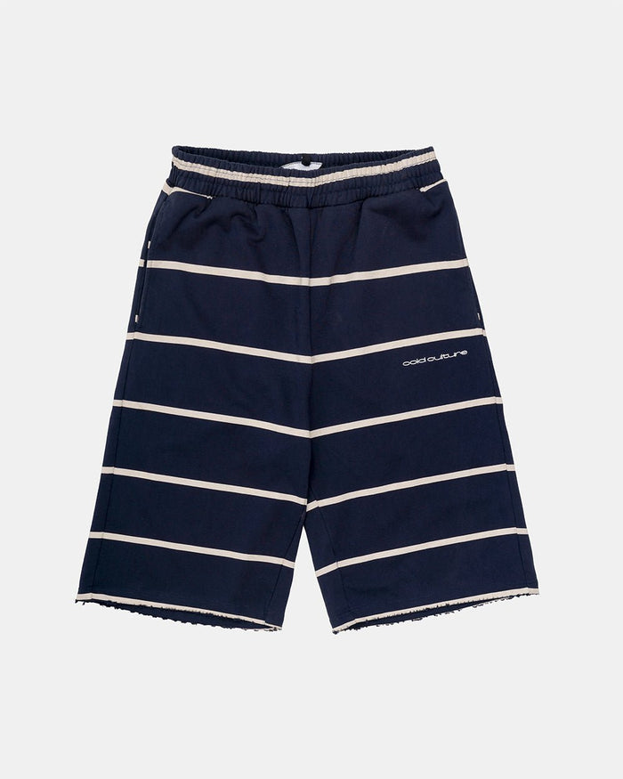 STALLION SHORT SWEATPANTS NAVY - navy striped sweat shorts, front view - Cold Culture