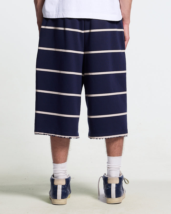 STALLION SHORT SWEATPANTS NAVY - navy striped sweat shorts, worn detail - Cold Culture
