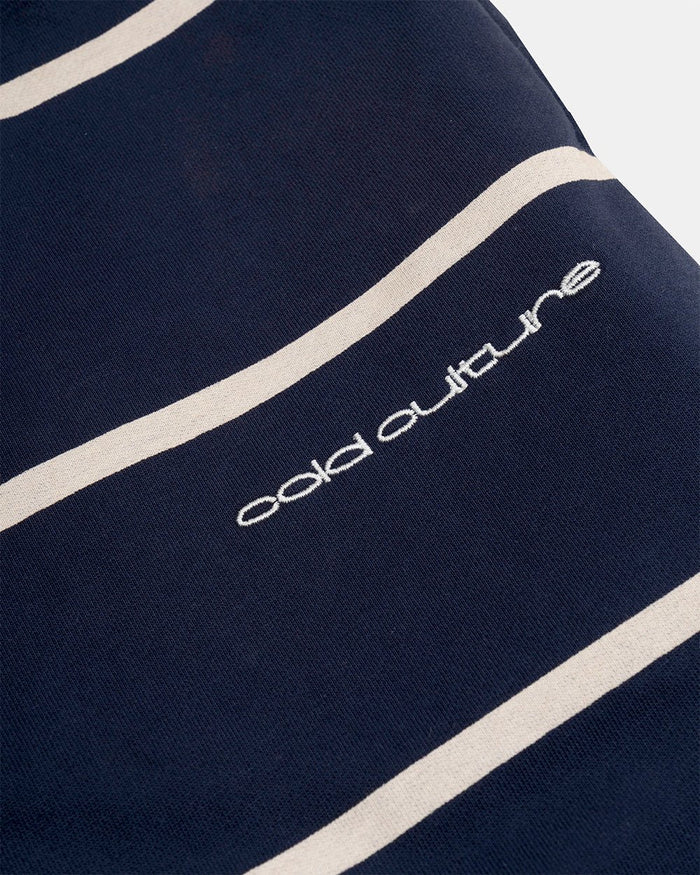 STALLION SHORT SWEATPANTS NAVY - navy striped sweat shorts, detail close-up - Cold Culture