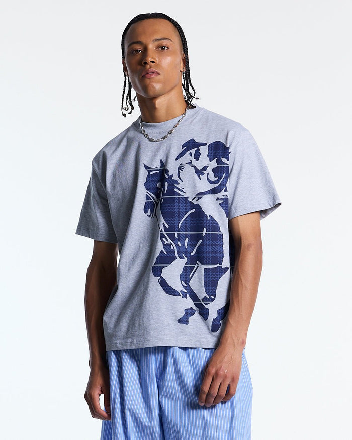 STALLION TEE HEATHER GREY - heather grey graphic print tee, front view on male model - Cold Culture