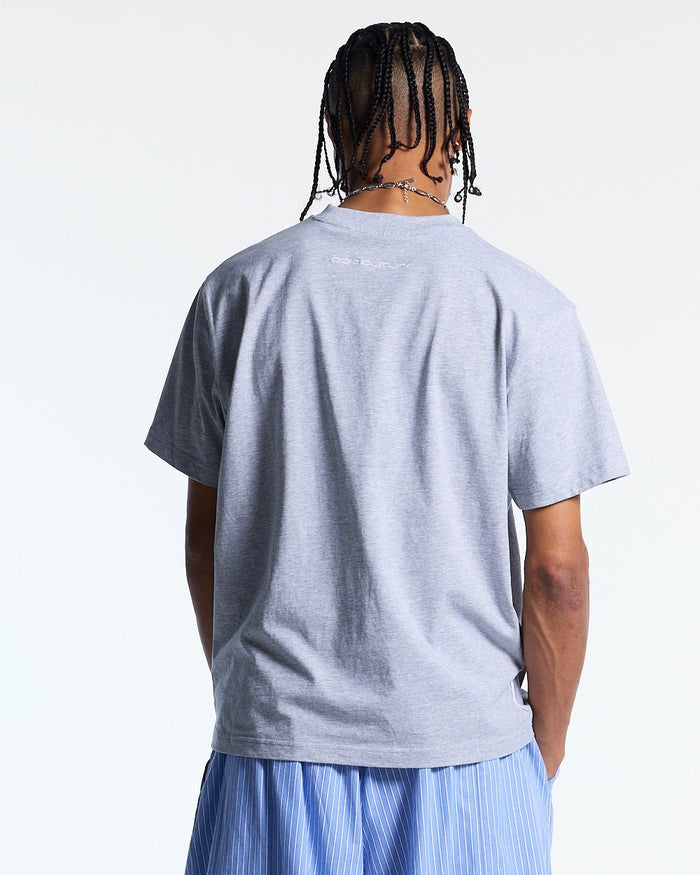 STALLION TEE HEATHER GREY - heather grey graphic print tee, back view on male model - Cold Culture
