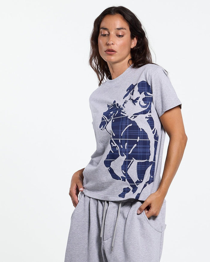 STALLION TEE HEATHER GREY - heather grey graphic print tee, front view on female model - Cold Culture #woman
