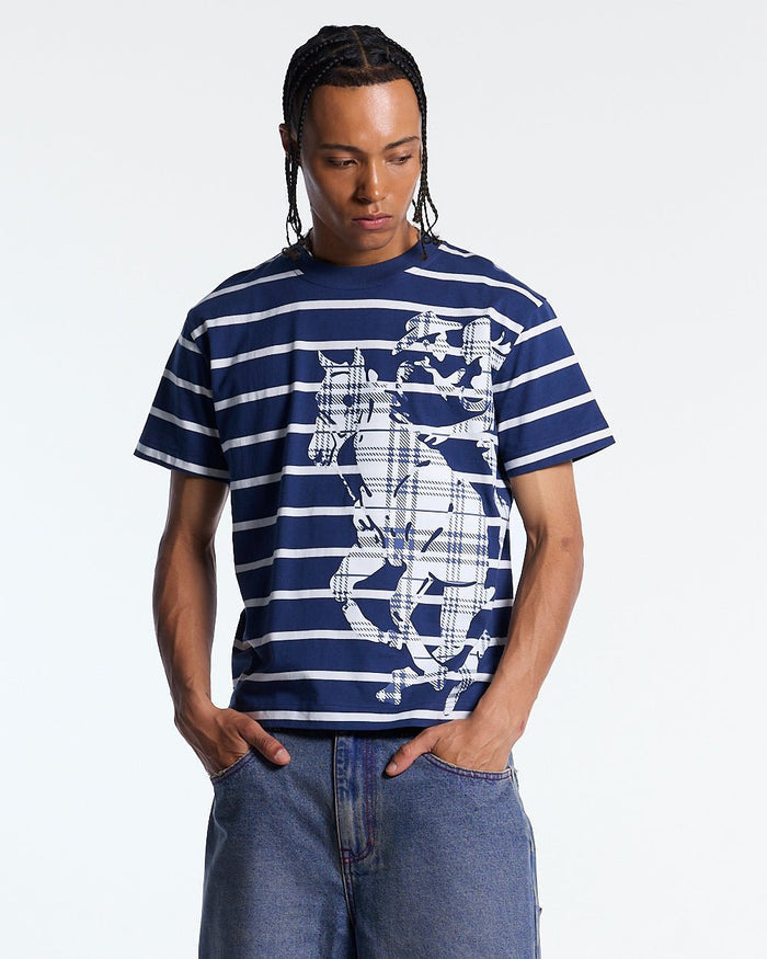 STALLION TEE NAVY - navy striped tee, front view on male model - Cold Culture