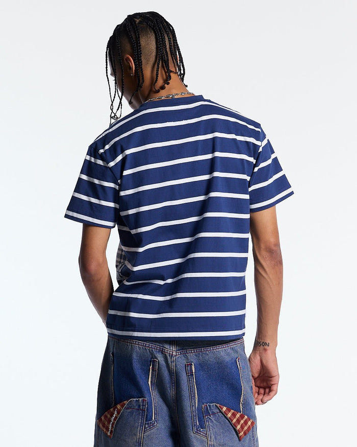 STALLION TEE NAVY - navy striped tee, back view on male model - Cold Culture